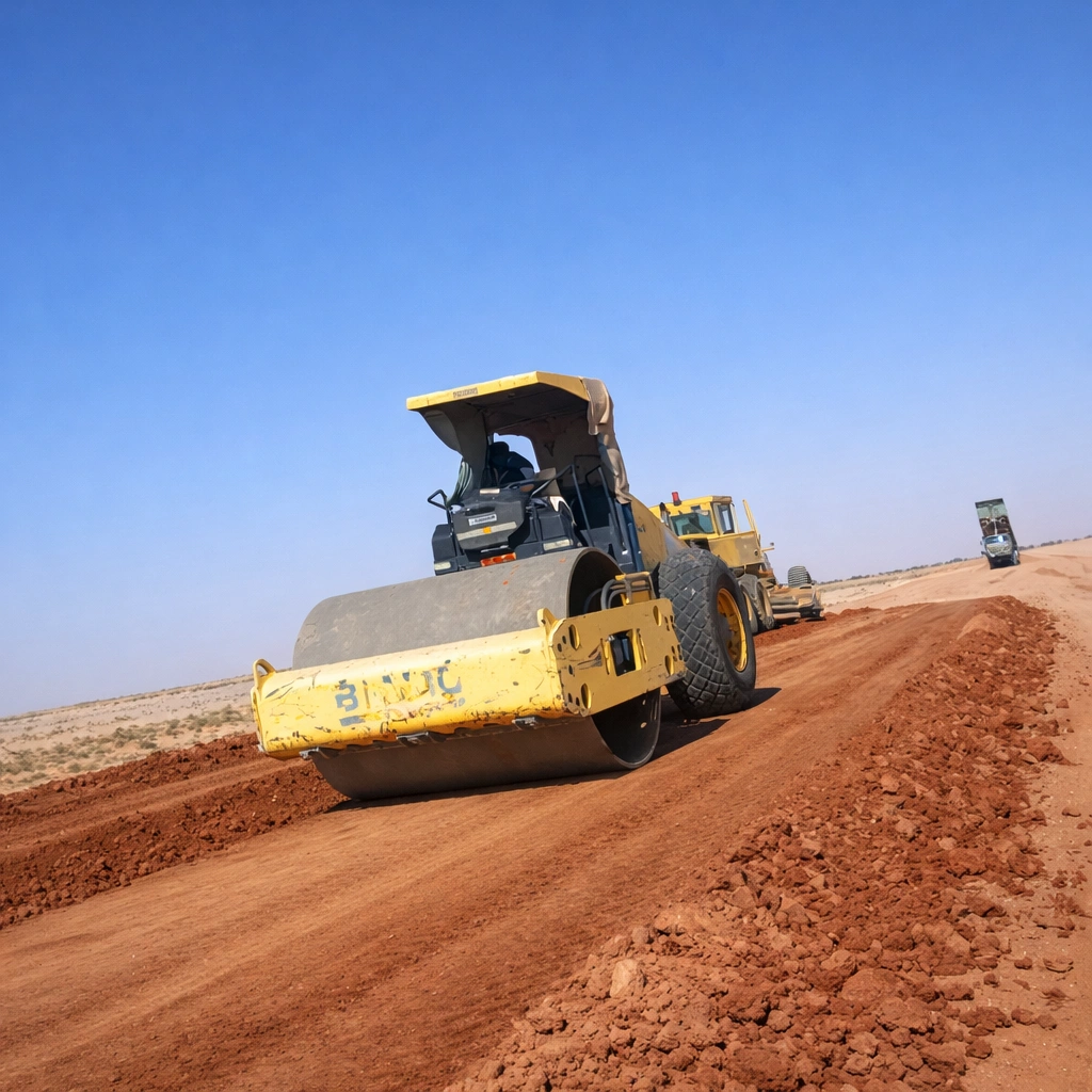 Construction machinery at work on road